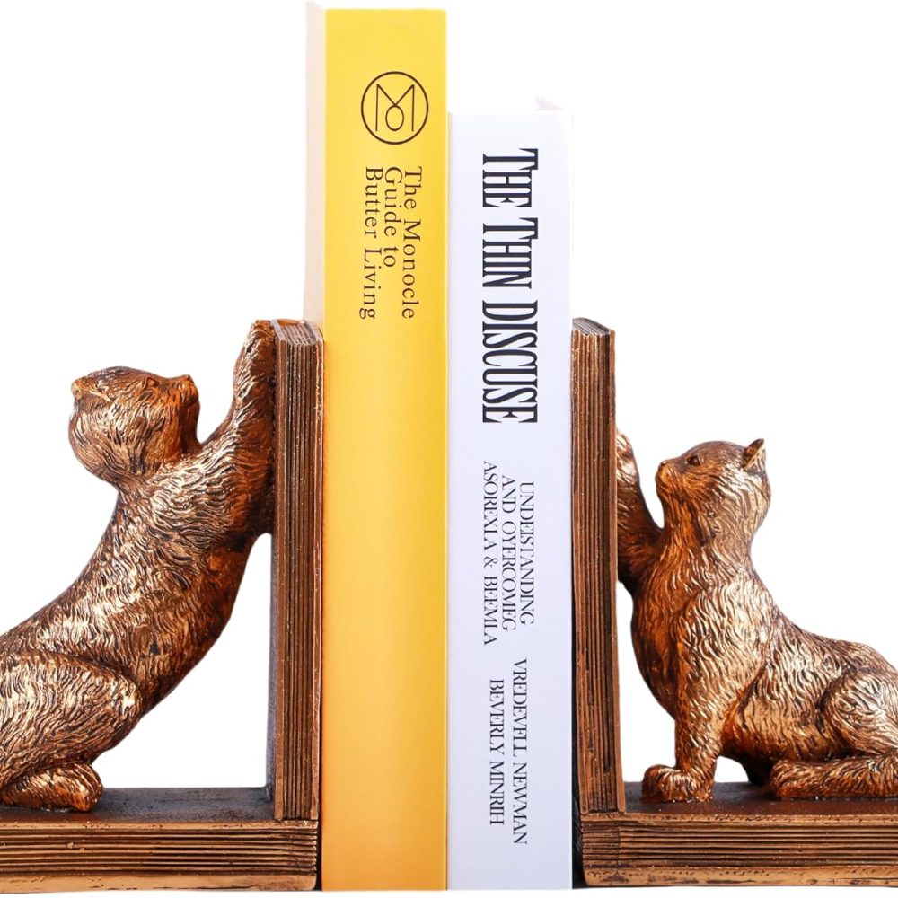 Book Ends for Shelves to Hold Books Heavy Duty,Decorative Bookend for Bookshelf Décor,Cute Animal Cat Book Stopper Cat Statues for Home, Office Desk Decoration,1pair